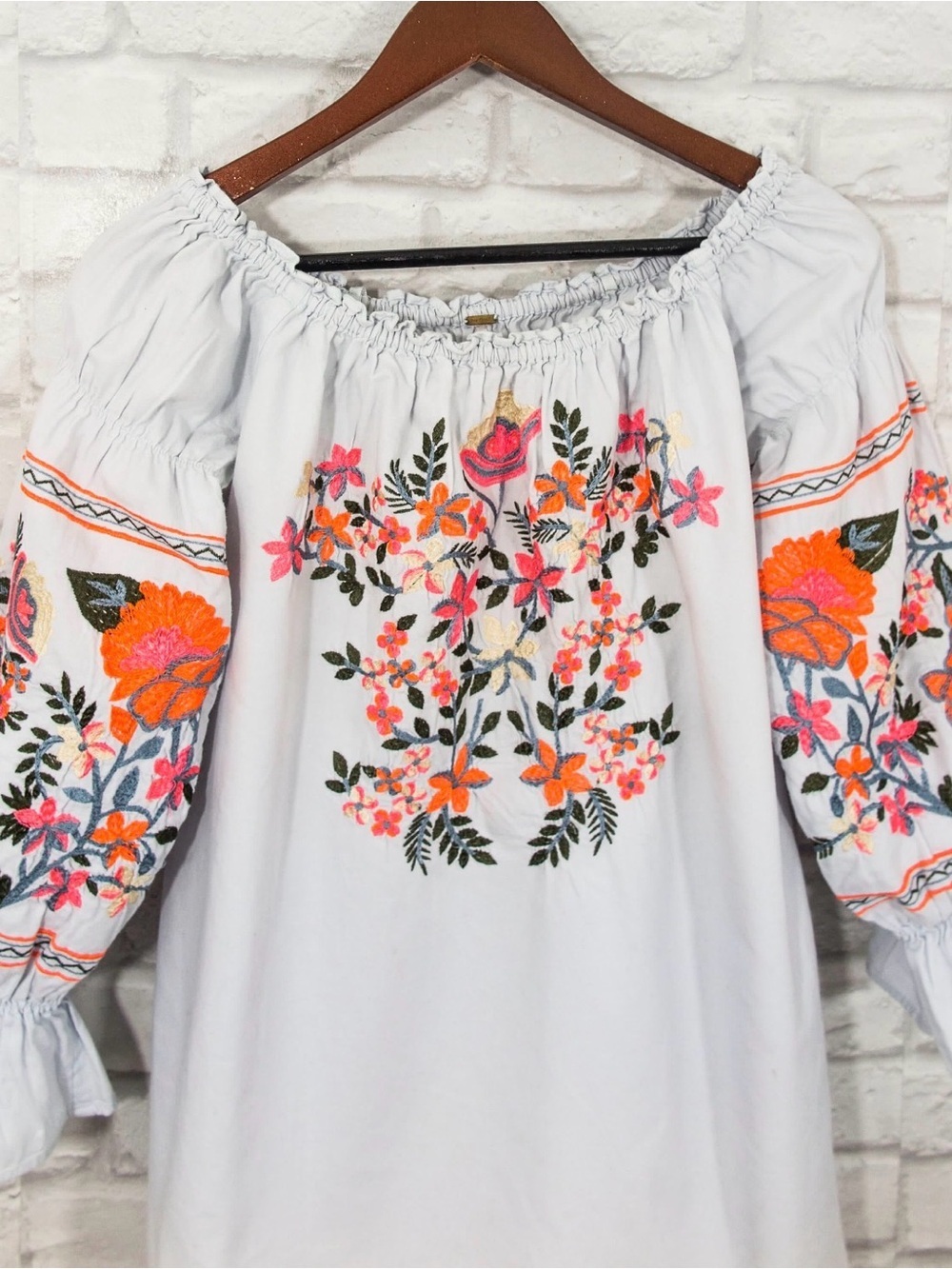 Free People Fleur Du Jour Embroidered Peasant Mini Dress Boho Floral Tunic L - Picture 5 of 16